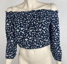 Womens Brandy Melville Maura One Size Small Navy White Floral Off Shoulder Top S