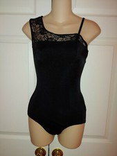 Women Body Wrappers P220 Black Lace Shoulder Dance Leotard Size M