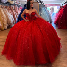 Red Sparkling Quinceanera Dresses with Bow Beading Sweetheart Prom Ball Gowns