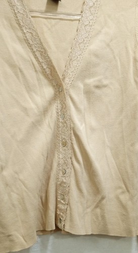 Vintage Linda Matthews Rayon Beige Button Cardigan Lace Trim Size Medium Note - Picture 5 of 7