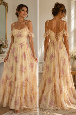 Vintage 1970s Cottagecore Prairie Floral Maxi Dress Lace Off Shoulder Romantic B