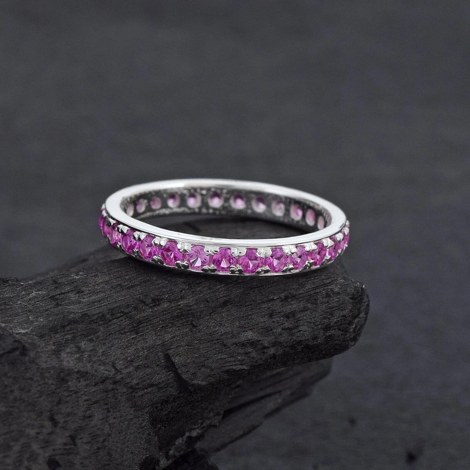 Anillo de banda de oro blanco sólido de 14k natural zafiro rosa piedras... - Imagen 2 de 4