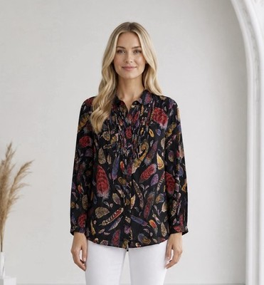 Liz Claiborne Women Feather Print Top Size 16W Pintucked Dark Romantic Boho Chic