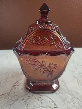 Vintage Imperial Amberina Red Carnival Glass Rose in Snow Covered Candy Dish