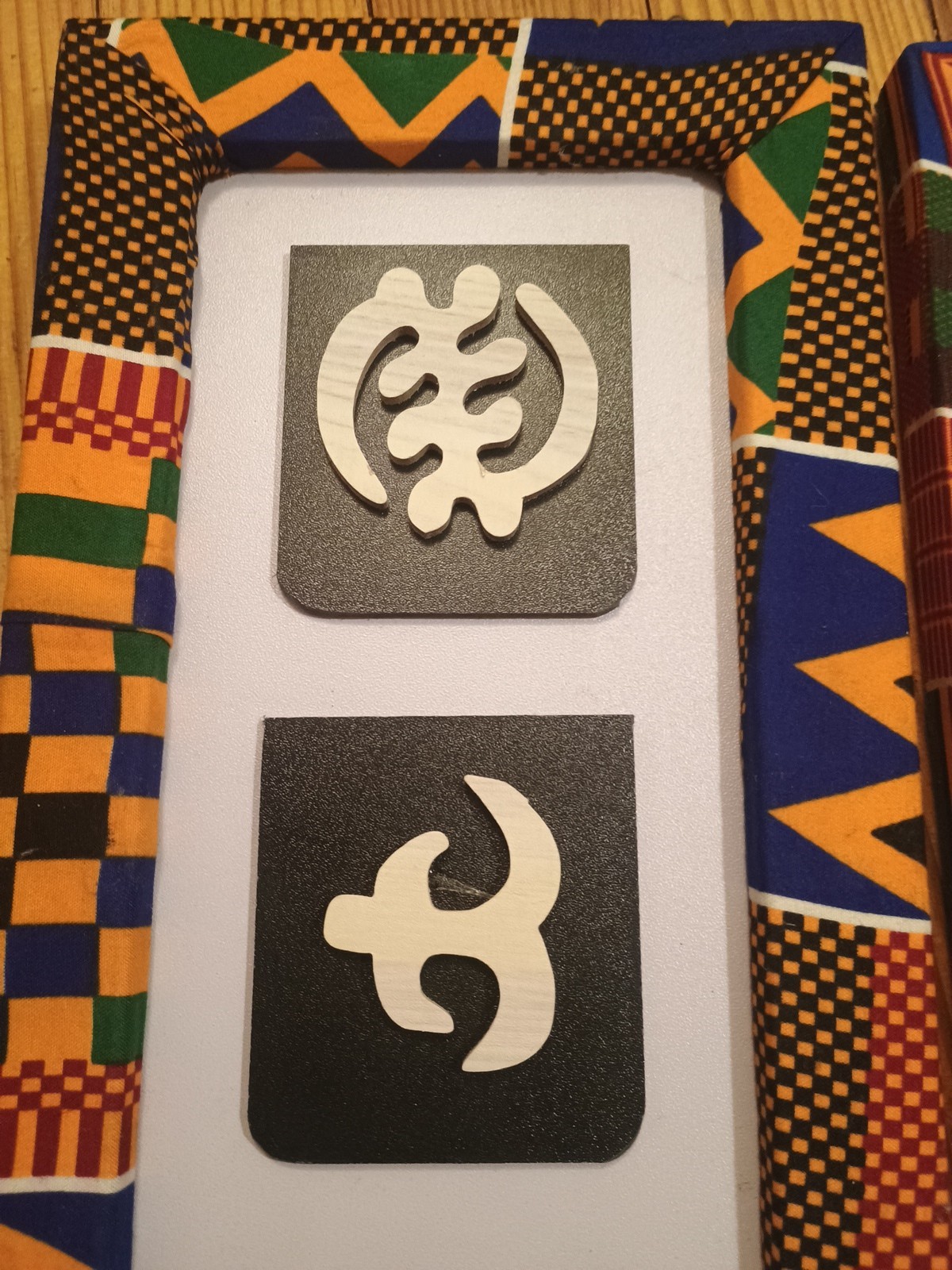 Vtg PAIR Hand carved Kente African Ghana Adinkra Symbols Decor Fabric Frames