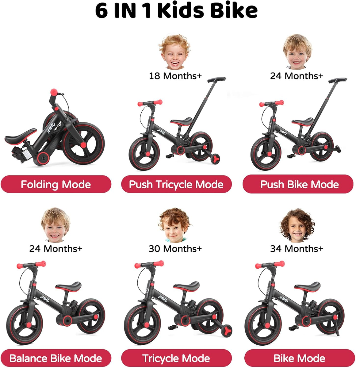 6 in 1 Toddler Bike with Push Handle for Kids 18-60 Months, 12