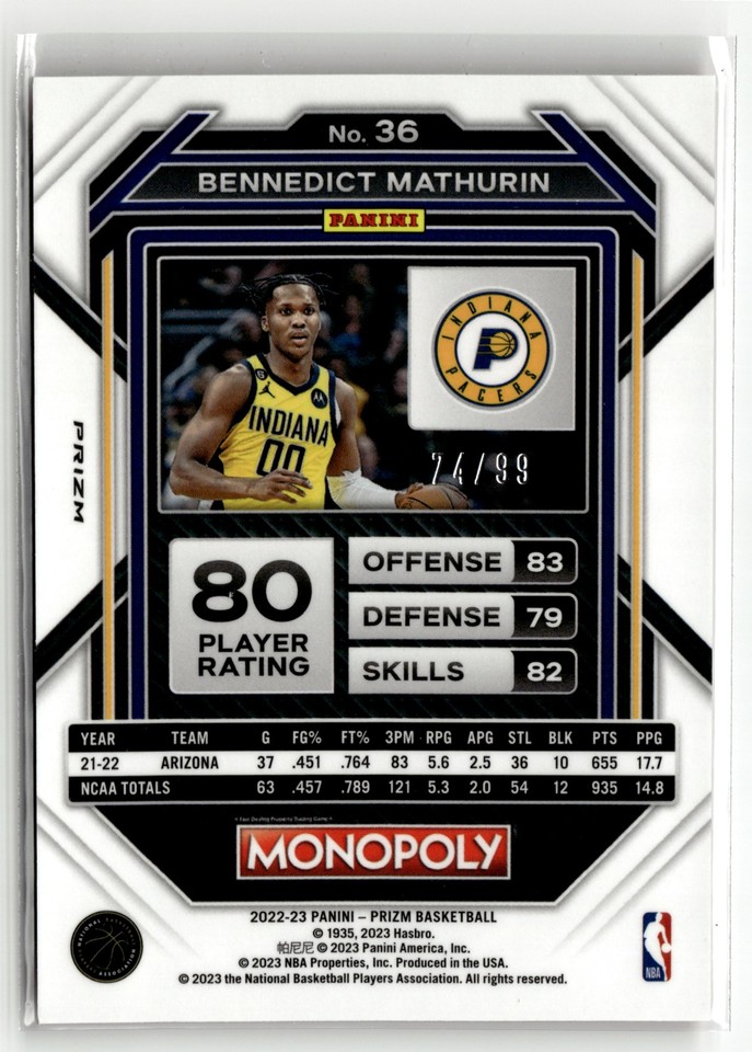 2022-23 Panini Prizm Benedict Mathurin recrue 77/299 Red