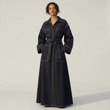 Denim Abaya Dress, Lightweight Modest Maxi Coat, Button Down Belted Sustainable