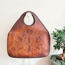 Vintage Handmade Tooled Leather Floral Cutout Handle Tote Purse Boho Western Art