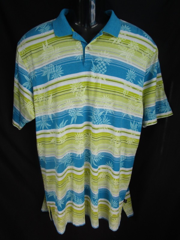 Tommy Bahama 18 Golf Polo Shirt Mens M Blue Yellow Tropical Pineapple Striped