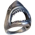 Vintage Biker Shark Bottle Opener Ring - 925 Silver Oxidized - Plain Sz9