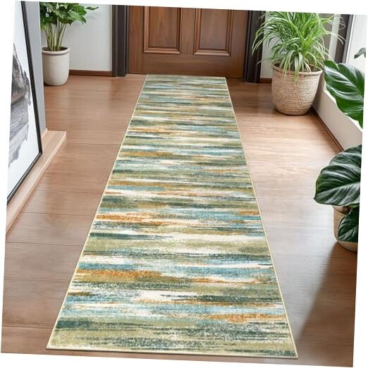 Modern Abstract Runner Rug 2x8 Feet Green Teal Mustard Multi Hallway Carpet