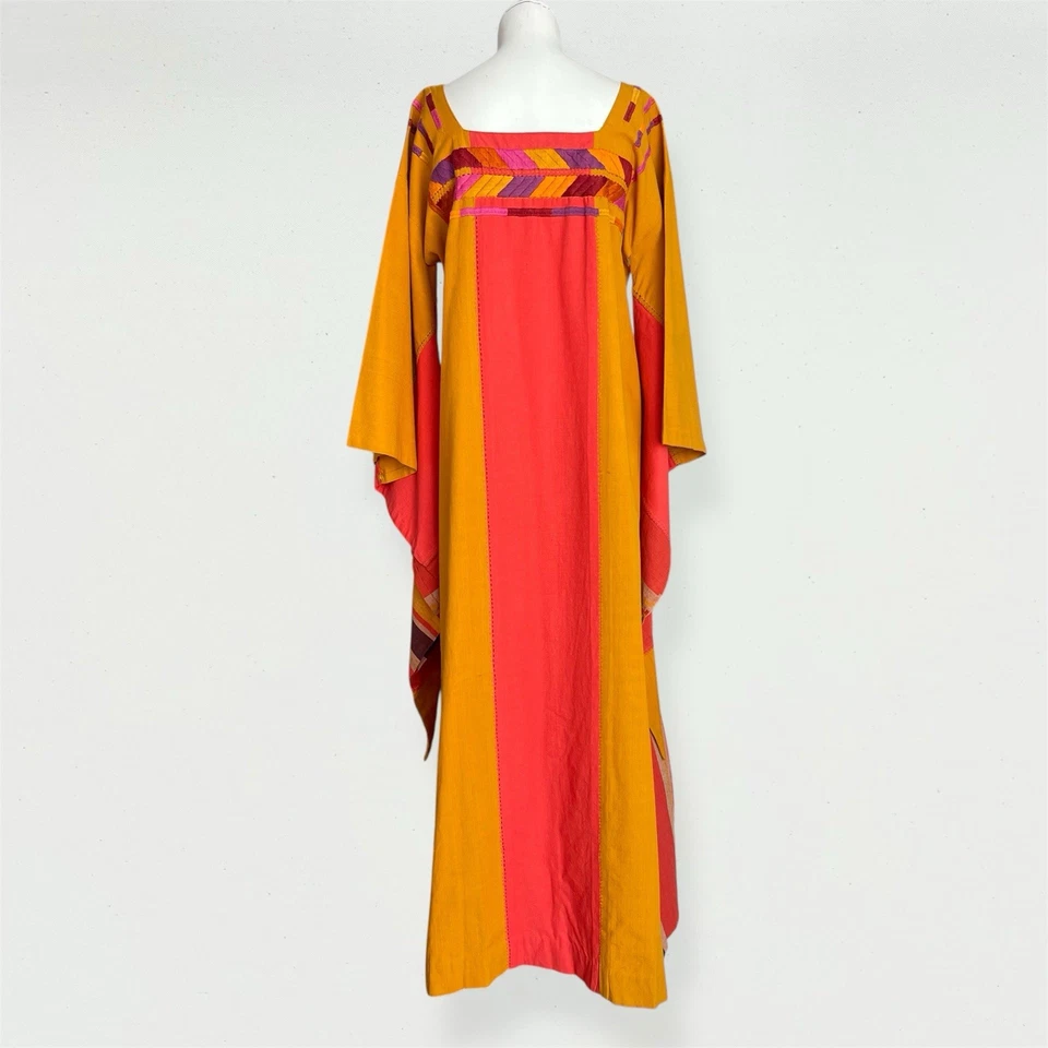 复古 60 年代 70 年代 Josefa Kaftan 刺绣波西米亚墨西哥五颜六色棉质连衣裙 — 第 4/4 张图片