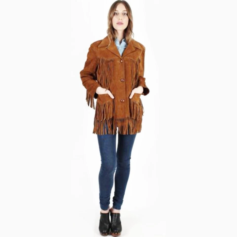 Chaqueta para mujer de gamuza de cuero con flecos occidentales clásica tradicional nativa americana Foto 3 de 4