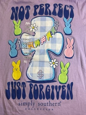 Simply Southern Shirt Top Purple Logo Bunny Peeps Just Forgiven New NWT