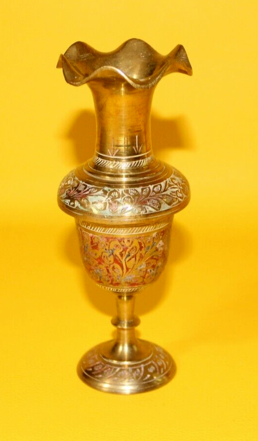 Vintage 1970s80s Handcrafted Brass Vase Floral Etched Painted Made in
