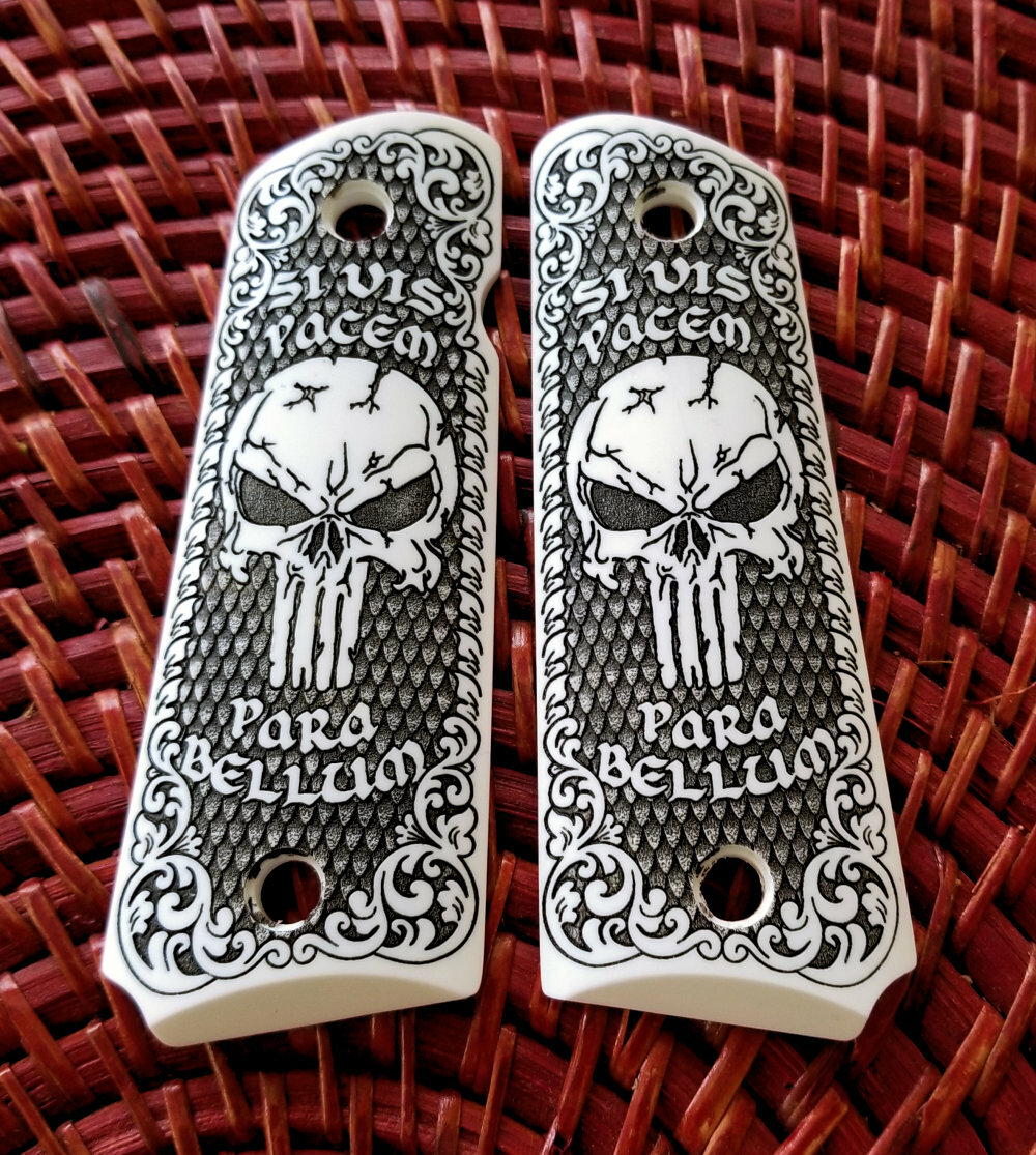 Compact 1911 Custom 3D Engraved Ivory Polymer Grips - Masonic All Seeing Eye Scroll
