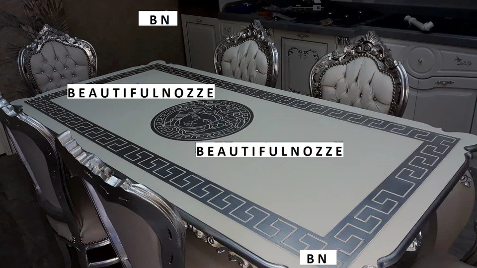 TAVOLO IN LEGNO BIANCO E FOGLIA ARGENTO CON 6 SEDIE ARREDO CUCINA SALA DA PRANZO - Immagine 2 di 2