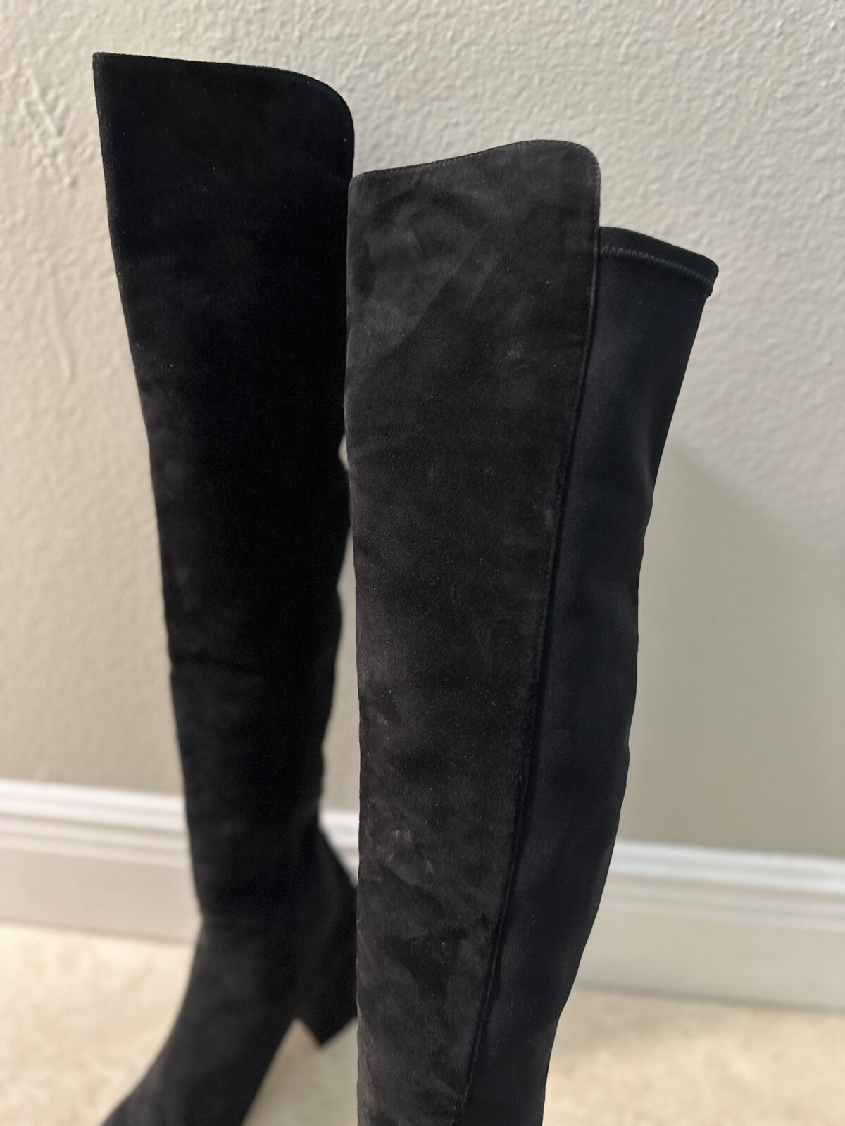 Stuart Weitzman Black Suede & Microstretch  Over The Knee Boots 8.5 Block Heel