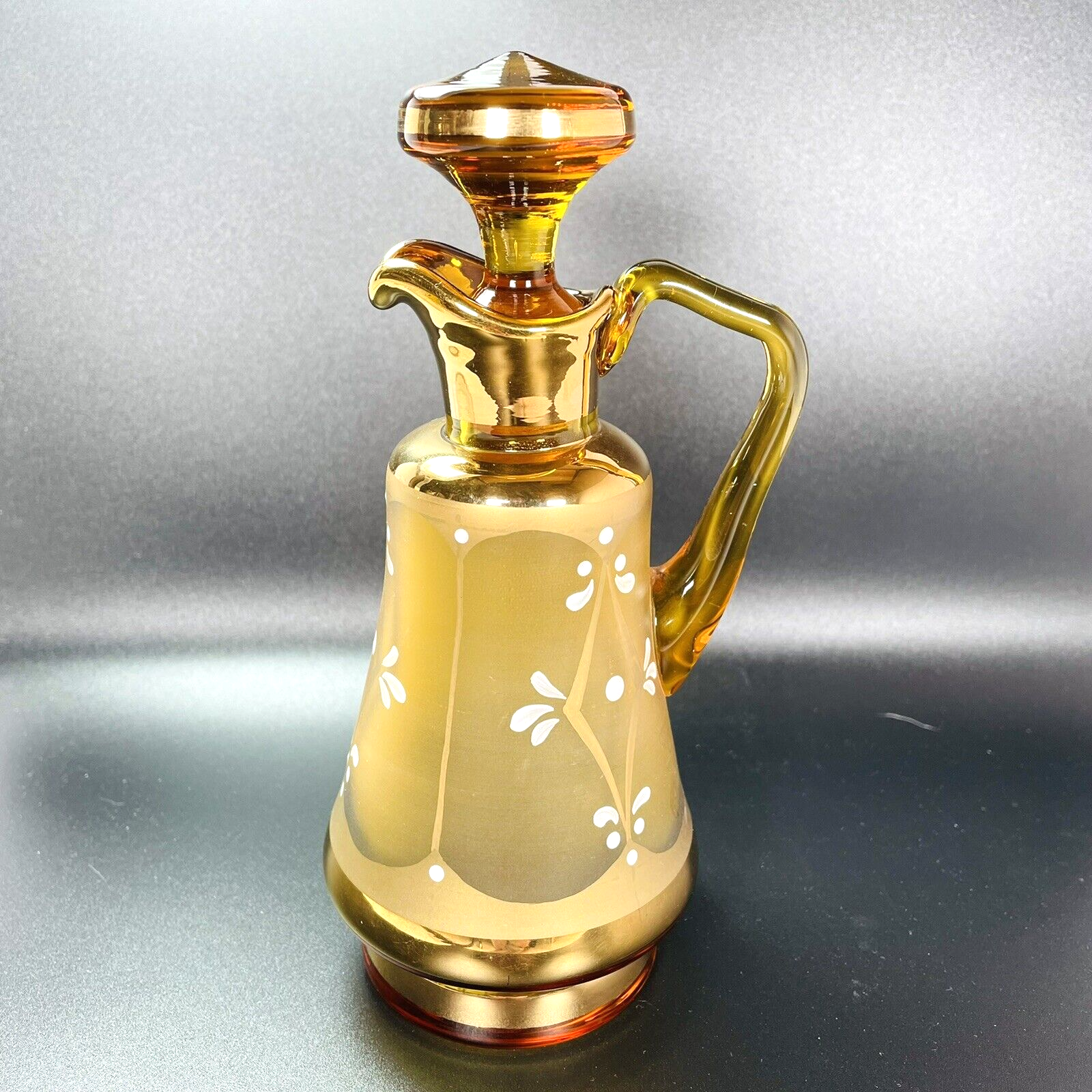 Amber Glass Cruet w Stopper and Handle Czech Glass Hand Painted Pitcher 7” #51