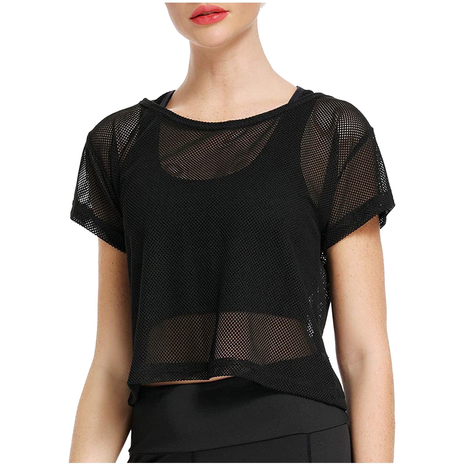 Women Sheer Mesh TShirt Crop Top Short Sleeve Net Thin T