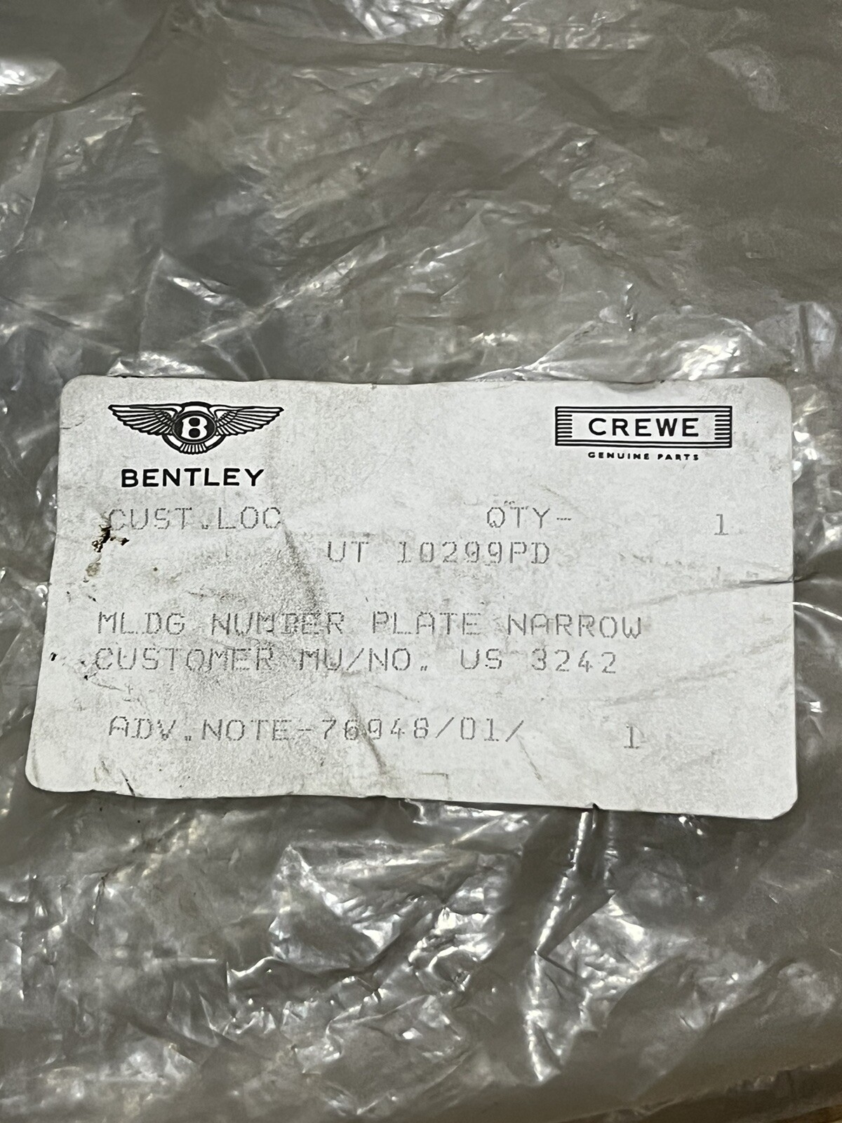 Genuine OEM 1966-99 Bentley Rolls-Royce Moulding Number Plate Narrow - UT10299pd