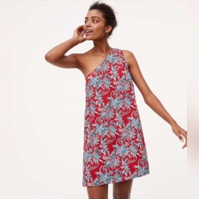 Ann Taylor Loft Red Turquoise Blue Floral One Shoulder Shift Dress Size Small