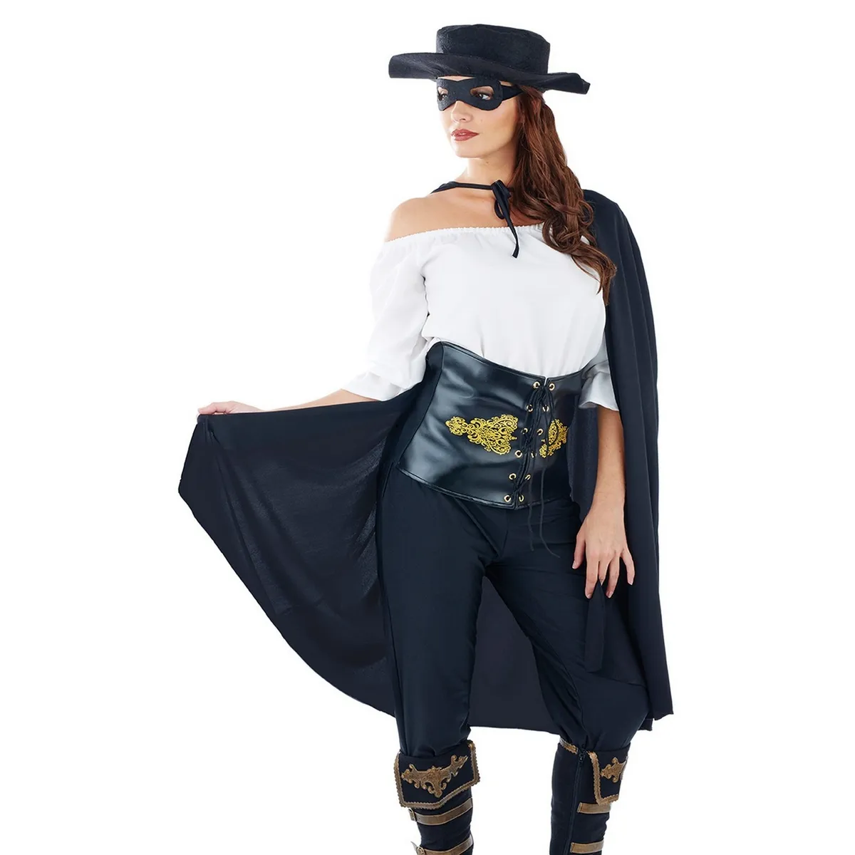 Lady Zorro Costume + Mask Hat Size S - L Womens Mexican Bandit Fancy Dress
