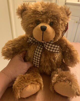 MS Teddy Bear  Medium Light Brown - Brown/White Checkered Bow-13  Stuffed Animal