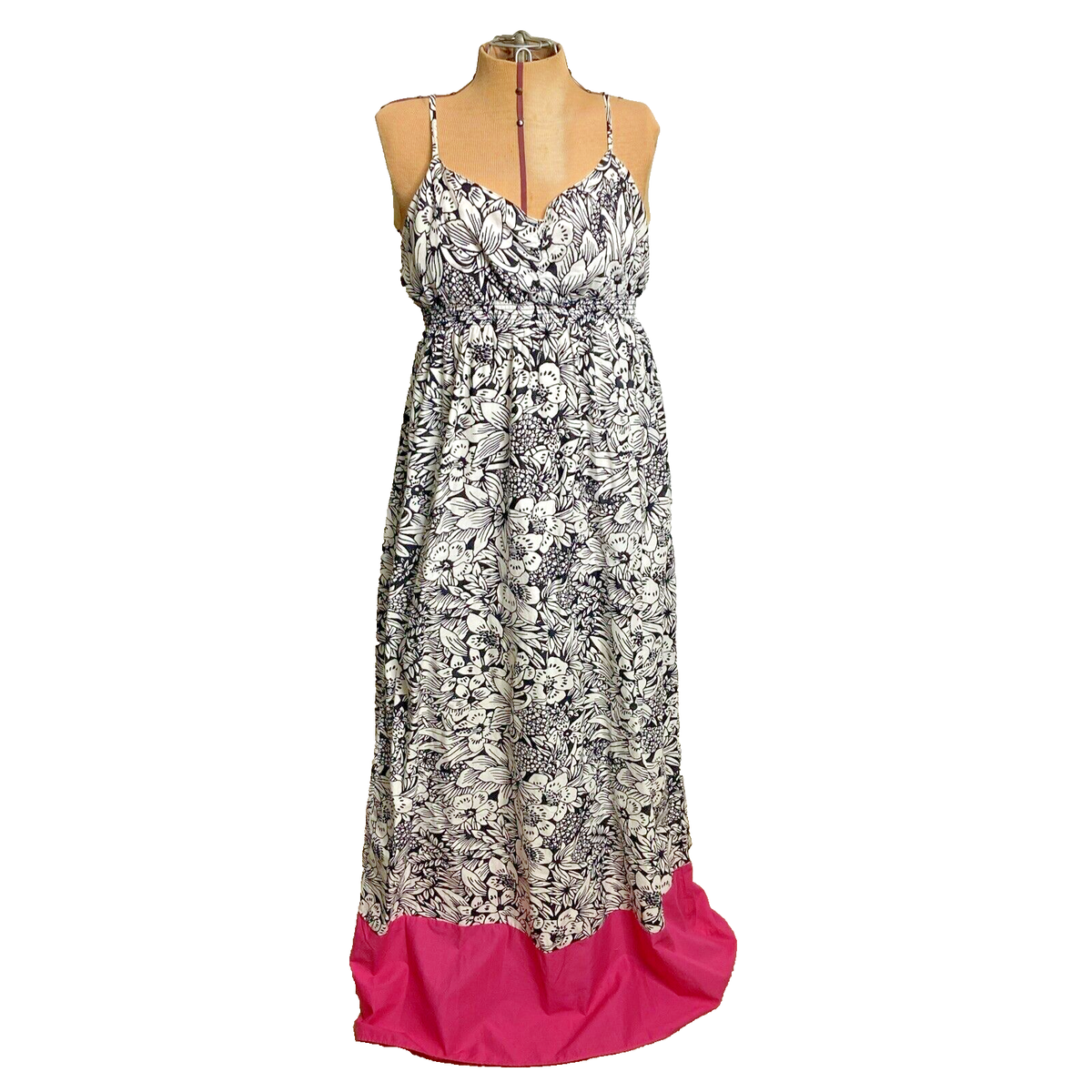 aeropostale formal dresses Long Dress Hawiian Floral Womens Black White Hot Pink Border Bow L Black lace