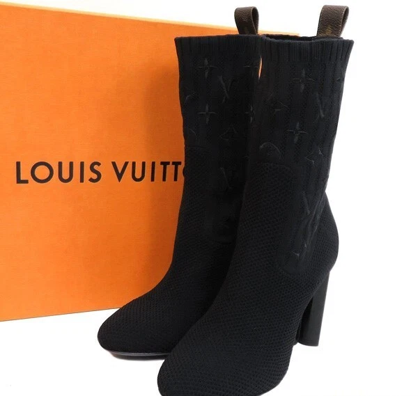 LOUIS VUITTON Monogram Stretch Knit Socks Ankle Boots 35.5 Black