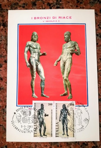 bronzi di riace maxi cartolina con 2 francobolli e due annulli primo giorno - Foto 4 di 11