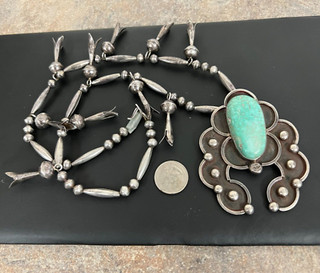 Navajo Sterling Silver and Turquoise Squash Blossom Necklace Hallmarked S.