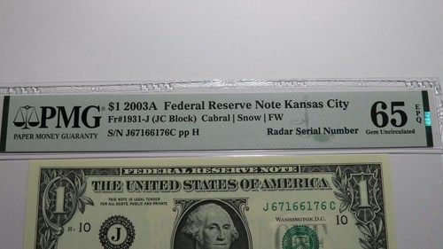 $1 2003 Radar Serial Number Federal Reserve Currency Bank Note Bill PMG UNC65EPQ - Picture 2 of 3