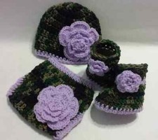 Crochet Dark Camouflage Purple Floral Diaper Cover Set with Hat, Booties 0-3 Mon