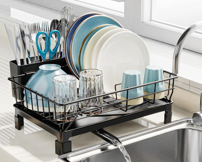 Small Dish Drying Rack for Kitchen Counter with Drainboard - Compact Dish Draine