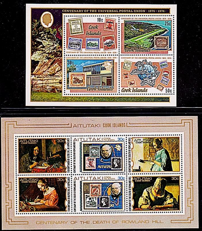 👉 AITUTAKI + COOK IS. = HILL + UPU x2 S/S MNH STAMP on STAMP, PAINTINGS