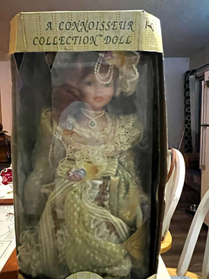 Seymour Mann Connoisseur Collection Porcelain Doll, Hand Painted, Stand