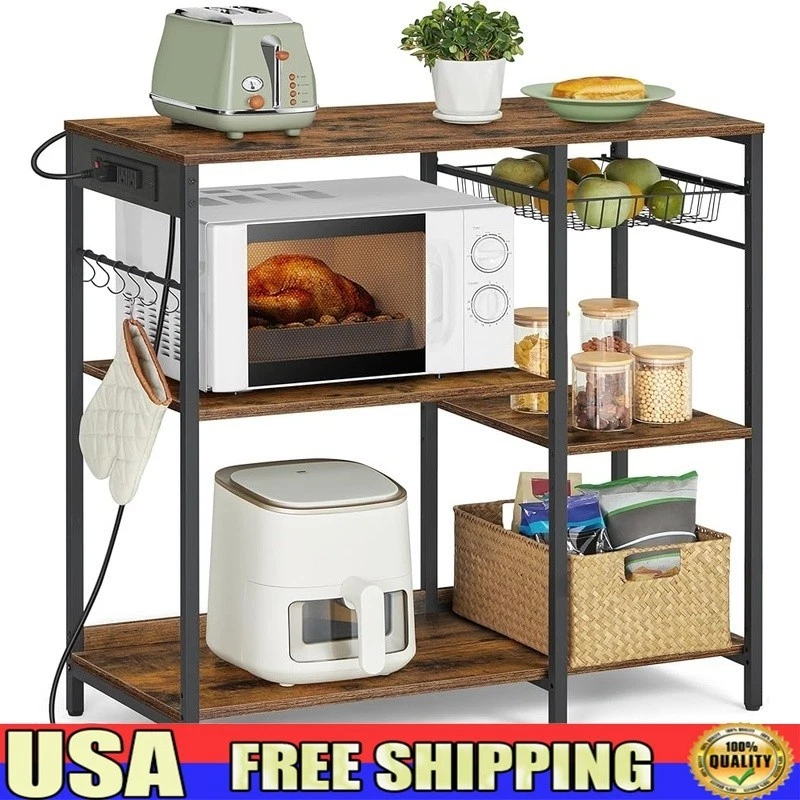 Baker's Rack W/ Power Outlet Adjustable Shelves Kitchen Storage Organizer New