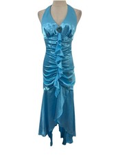 Vtg 90s Blue Satin Halter Dress Rushed Sz S Ruffle Fairy Whimsy Mermaid Formal