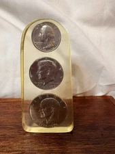 1976 Bicentennial Coin Lucite Paperweight – Quarter, Half & Dollar Set