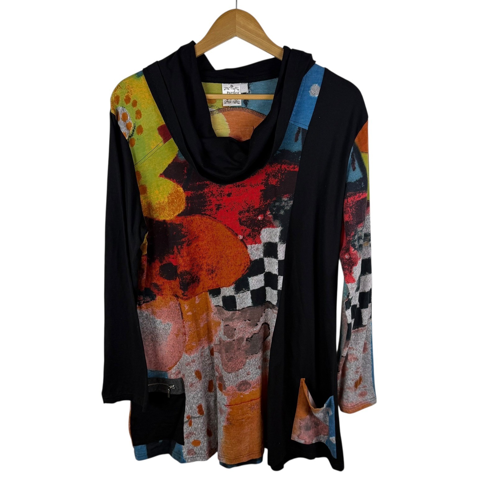 Parsley and Sage Cowl Neck Tunic Top Size XL Artsy Colorful Boho Hoodie Retro