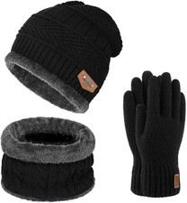 Warm Winter Beanie Hat  Scarf Set Stylish Knit Skull Cap for Men Women 05 Blac