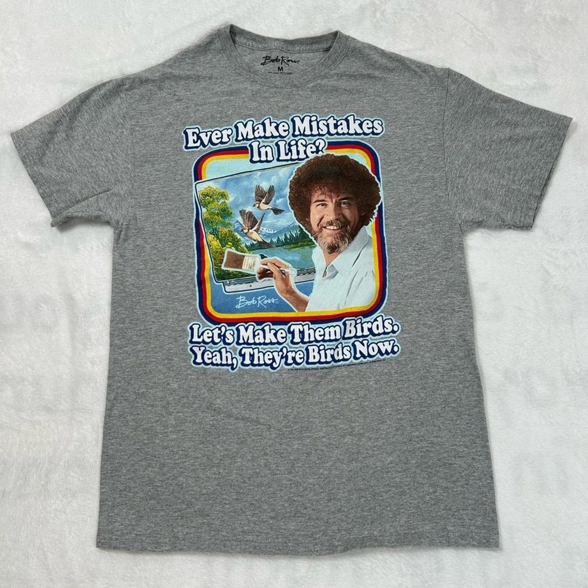 Bob Ross Shirt Mens Medium Gray Ever Make Mistakes In Life Graphic Tee