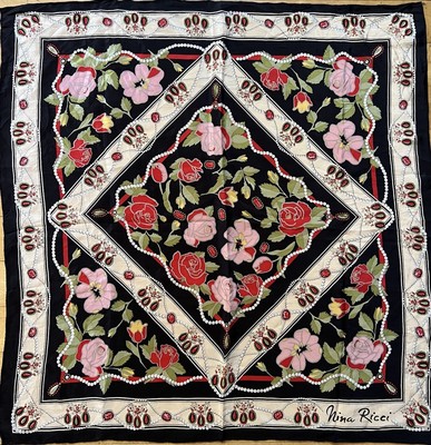 Gorg Nina Ricci Vintage Roses Floral & Pearls Motif Silk Scarf Black Sq 22 In GC