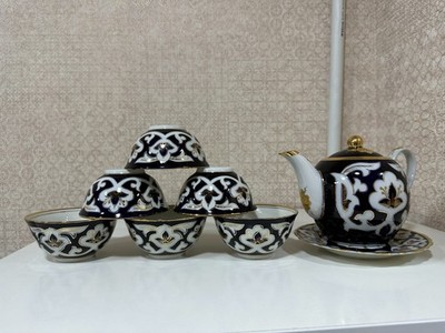 Uzbek Cobalt Blue Tea Set    Handcrafted Porcelain with Gold Detailing