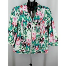 Chicos Womens Size 2 Abstract Ikat Full Zip Jacket Teal Pink Geometric Cotton