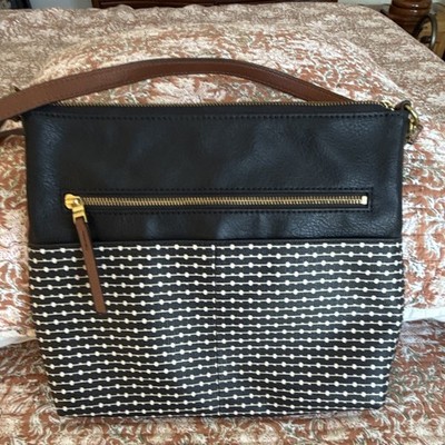 Fossil Black White Geometric Crossbody Bag Zip Closure Brown Strap Gold HW