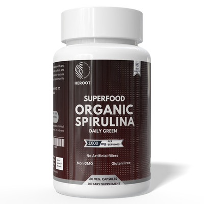 Heroot Spirulina 1000mg Veg Capsules | 100% Pure Algae Powder | 60 Capsules