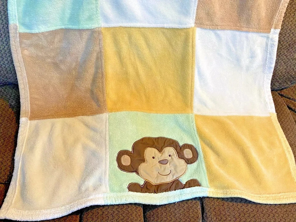 M7 Vintage TIDDLIWINKS Patchwork Brown MONKEY Plush Minky Baby Crib Blanket - Image 2 of 3